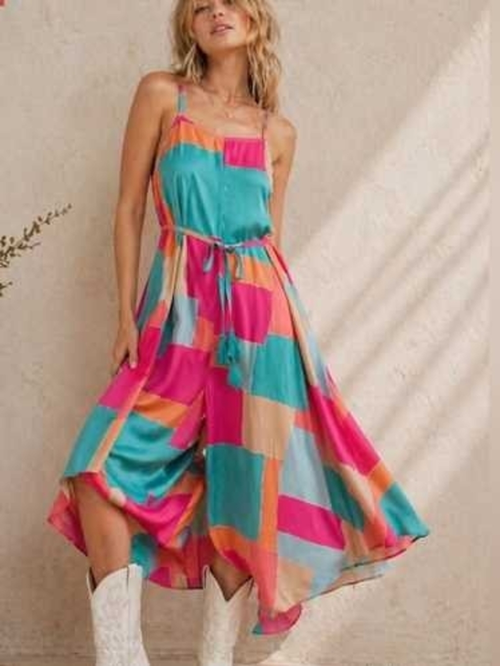 easel Colorblock Asymmetrical Midi Dress in Turquoise, Pink & Orange